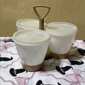 Vintage Tupperware 3 piece Condiment Set with spoons.